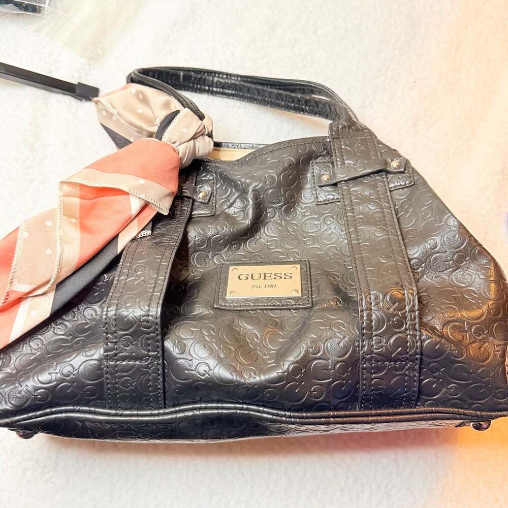 Guess Black Debossed Logo Tote Handbag With Scarf